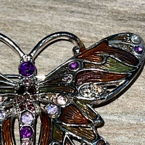 Vintage Monet Metalwork With Purple Lavender Pink Rhinestones Enameled Wings - Picture 5 of 9